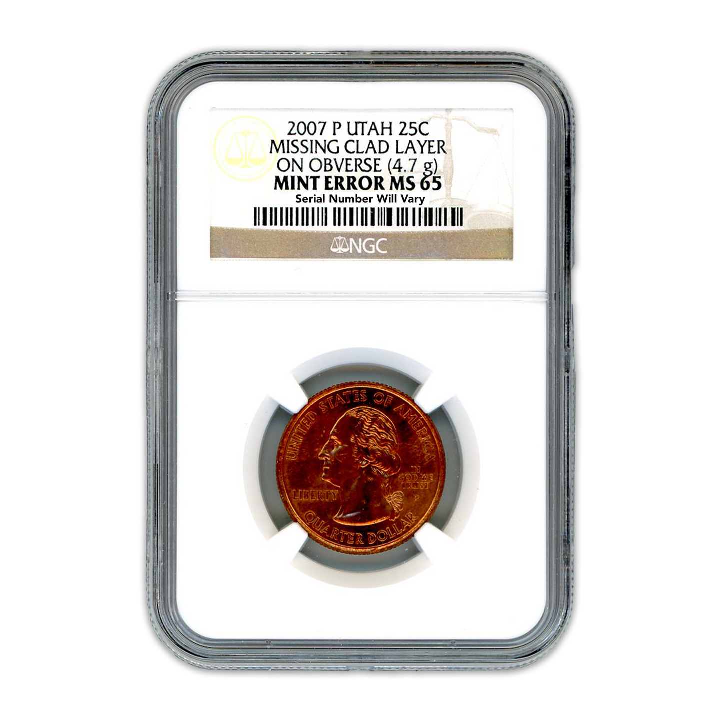 2007 Utah Quarter - Obverse Missing Clad Layer - NGC MS65