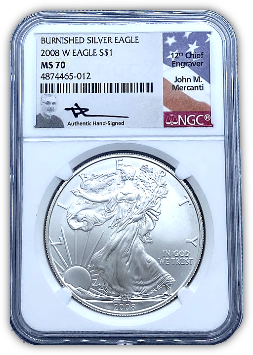 2008 W Silver Eagle - West Point Burnished - NGC MS70 Mercanti Label - CoinsTV