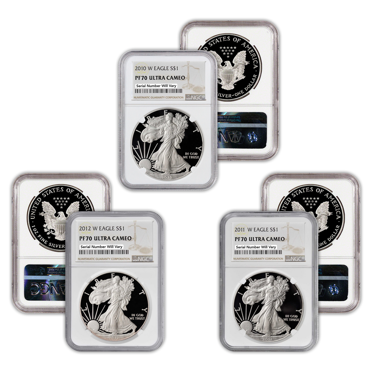 2010 - 2012 Silver Eagle 3 Coin Value Pack - Proof - NGC PF70 - CoinsTV