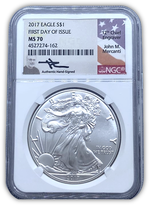 2017 Silver Eagle - Business Strike - NGC MS70 Mercanti Flag Label FDOI
