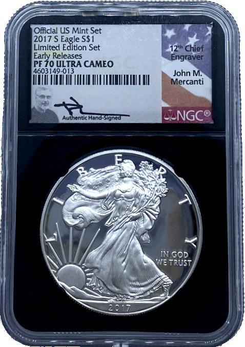 2017-S Silver Eagle Limited Edition Set - NGC PF70 ER Early Releases - Mercanti Label - CoinsTV