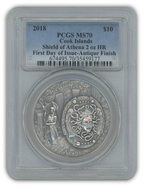 2018 Cook Islands Shield of Athena 2 oz Silver - PCGS MS70 High Relief First Day of Issue Antique Finish