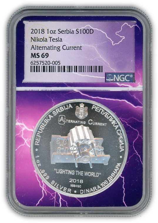 2018 Nikola Tesla 1 Oz Silver - Serbian Mint - NGC MS69 Lightning Core - CoinsTV