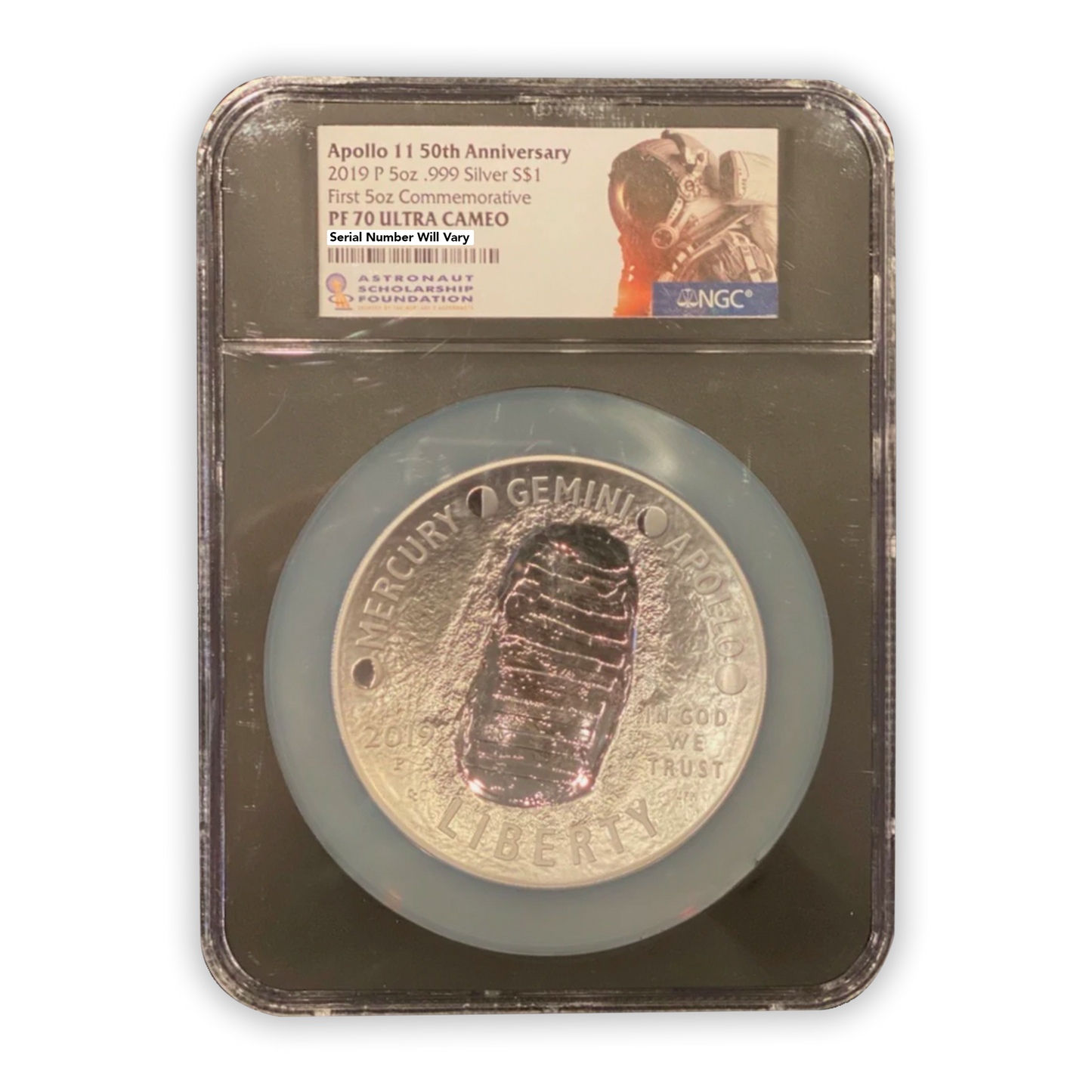2019 P Apollo 11 50th Anniversary Commemorative - 5oz Silver - NGC PF70 ASF Label - CoinsTV