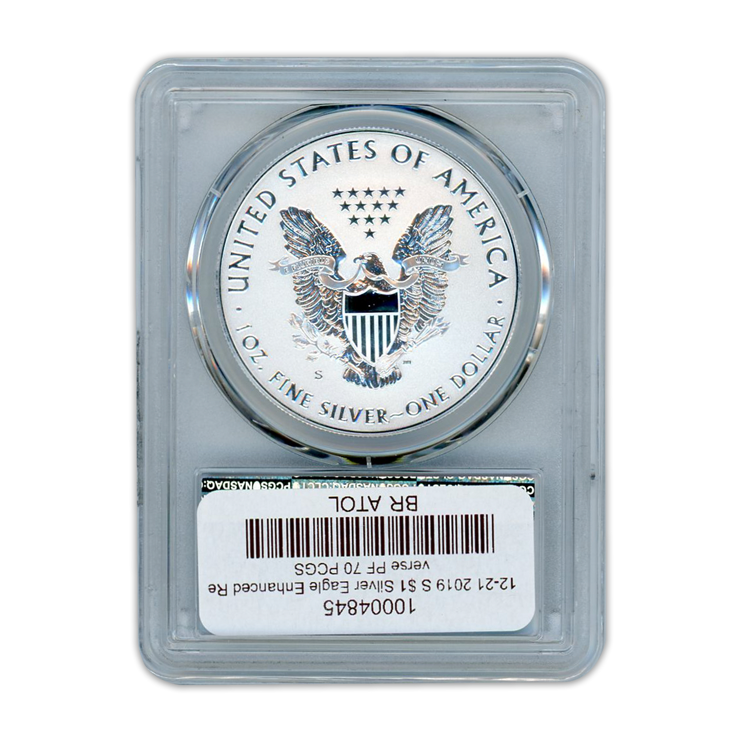 2019-S Silver Eagle Enhanced Reverse PCGS Proof 70 - CoinsTV