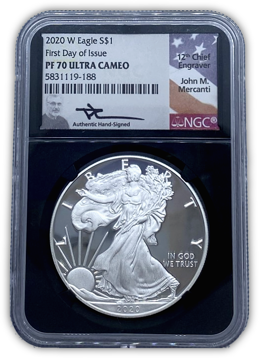 2020 Silver Eagle Proof - NGC PF70 FDI First Day of Issue - Black Core Mercanti Label - CoinsTV