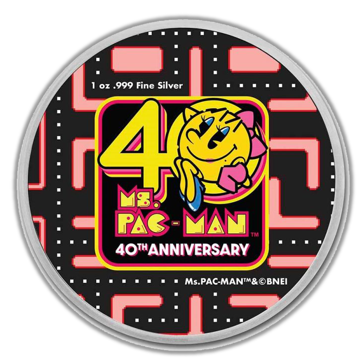 2021 Ms. PAC-MAN 40th Anniversary 1oz Silver Colorized Coin