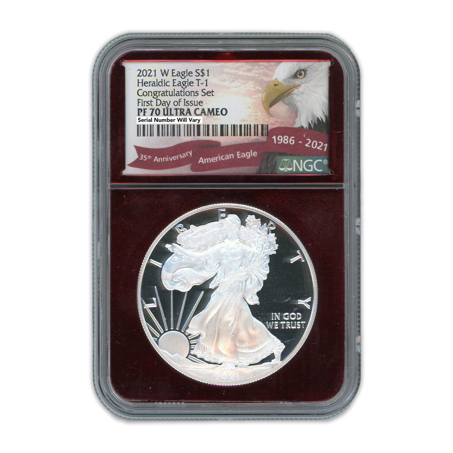 2021-W Silver Eagle Congratulations - First Day of Issue - Ultra Cameo NGC PF70 Red Foil Core