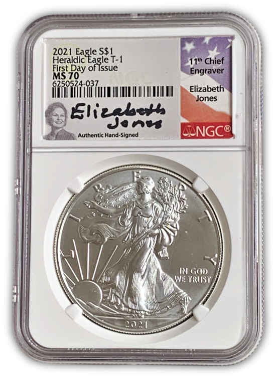 2021 Silver Eagle - Business Strike - Type 1 - NGC MS70 FDOI First Day of Issue E Jones Signature Label - CoinsTV