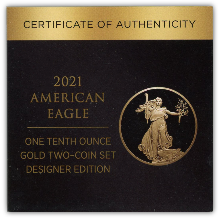 2021 Gold Eagle Designers Edition 1/10th oz 2 pc Set - PF70 Ultra Cameo - CoinsTV