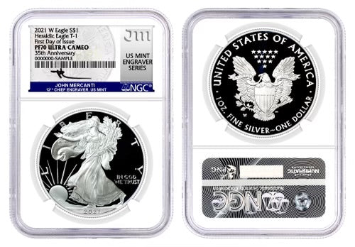 2021 Silver Eagle Type 1 Proof - NGC PF70 FDI First Day of Issue - Mercanti Label - CoinsTV