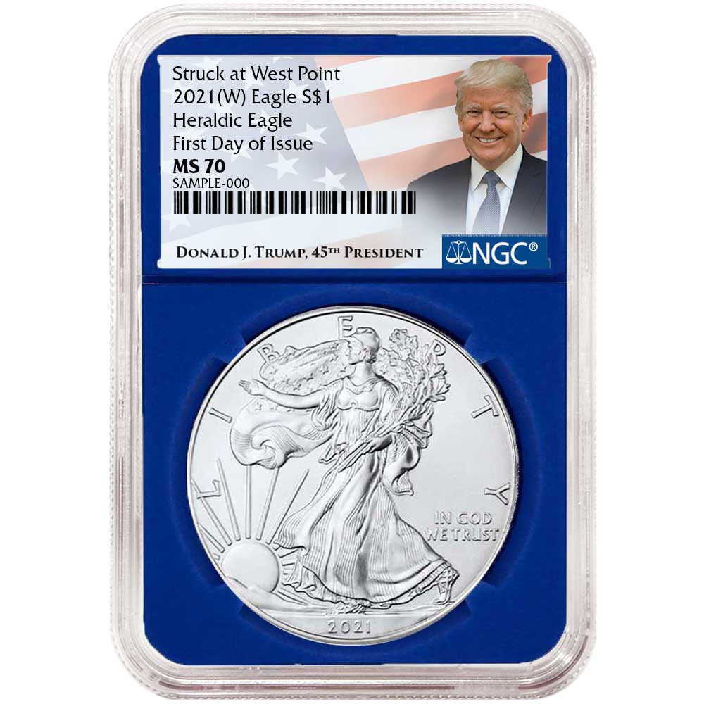 2021 Silver Eagle - Type 1 - NGC MS70 FDOI First Day of Issue Trump 3 pc Set - Red White & Blue Core - CoinsTV
