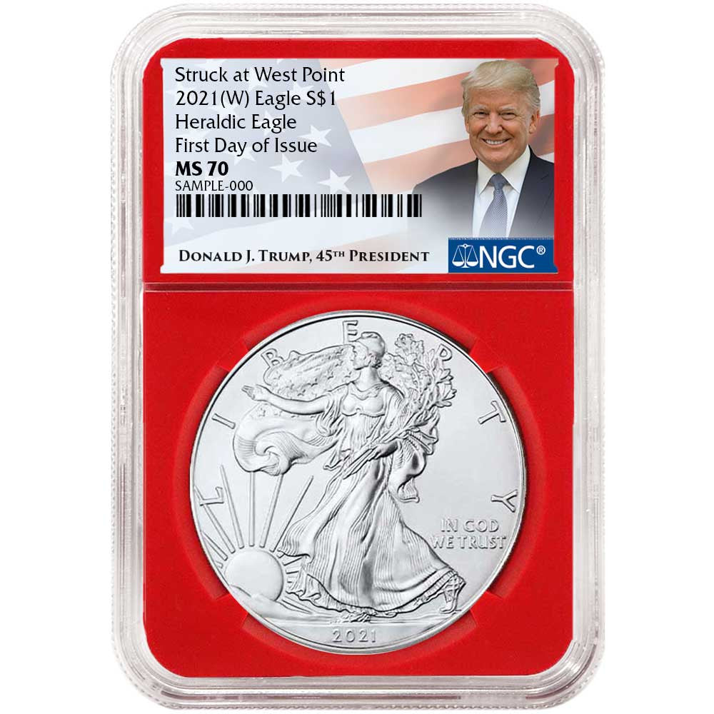 2021 Silver Eagle - Type 1 - NGC MS70 FDOI First Day of Issue Trump 3 pc Set - Red White & Blue Core - CoinsTV