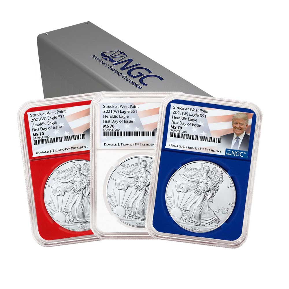 2021 Silver Eagle - Type 1 - NGC MS70 FDOI First Day of Issue Trump 3 pc Set - Red White & Blue Core - CoinsTV