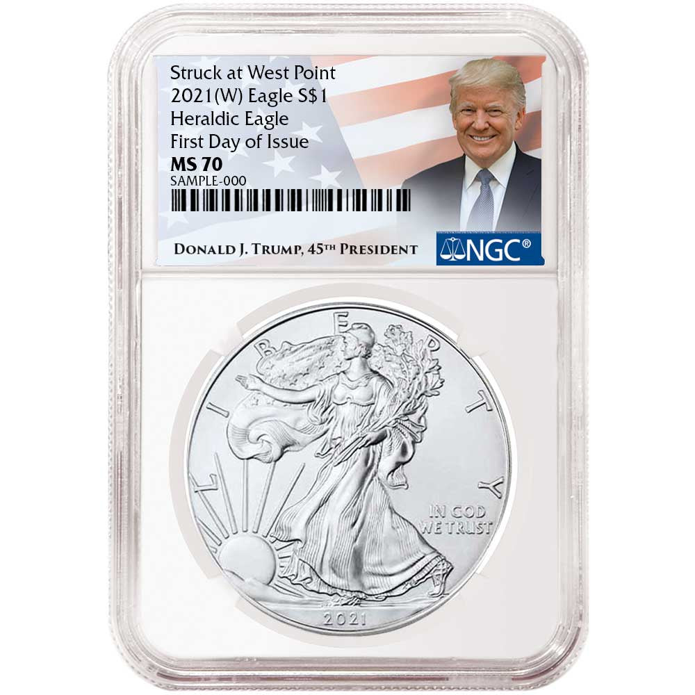 2021 Silver Eagle - Type 1 - NGC MS70 FDOI First Day of Issue Trump 3 pc Set - Red White & Blue Core - CoinsTV