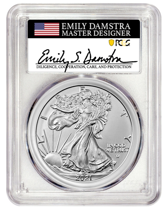 2021-S Silver Eagle - Emergency Strike - Type 2 - PCGS MS70 First Day of Issue Emily Damstra Label - CoinsTV