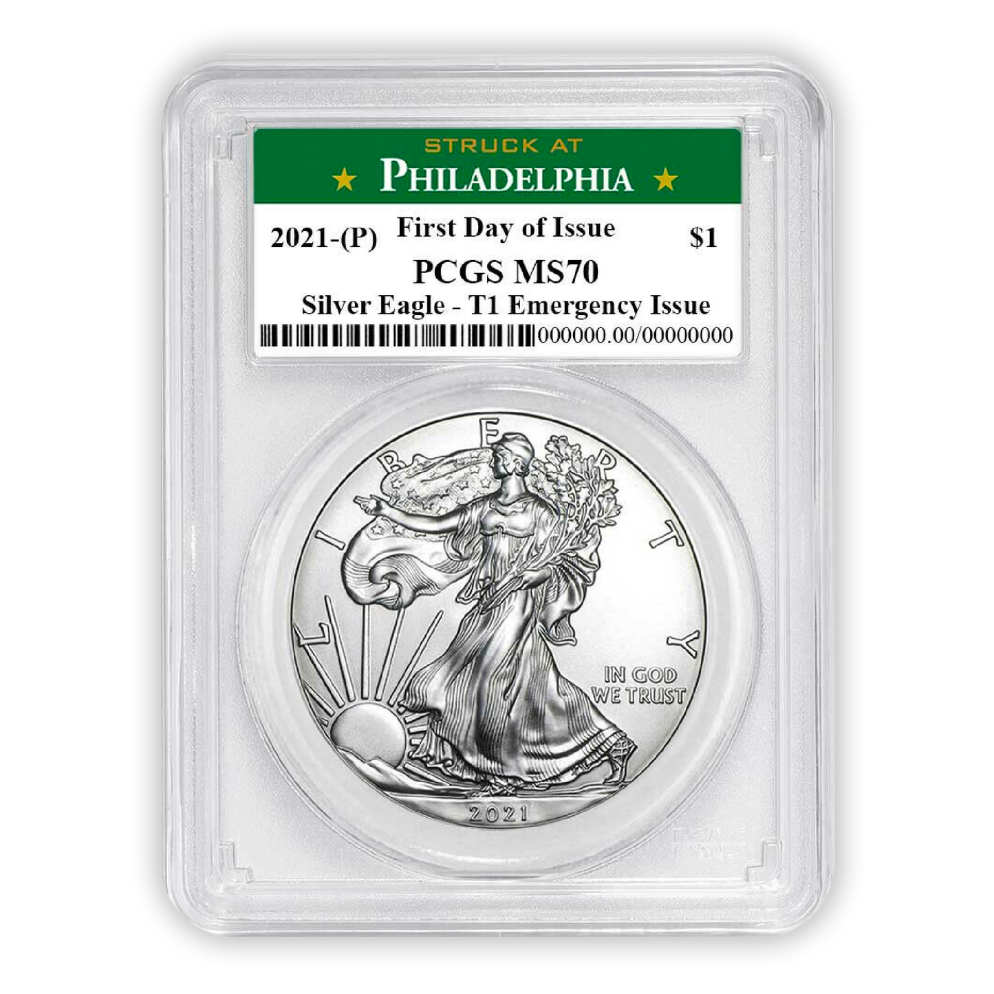 2021 (P) Silver Eagle - Business Strike - Type 1 Emergency Production - PCGS MS70 FDOI First Day of Issue Philadelphia Label - CoinsTV