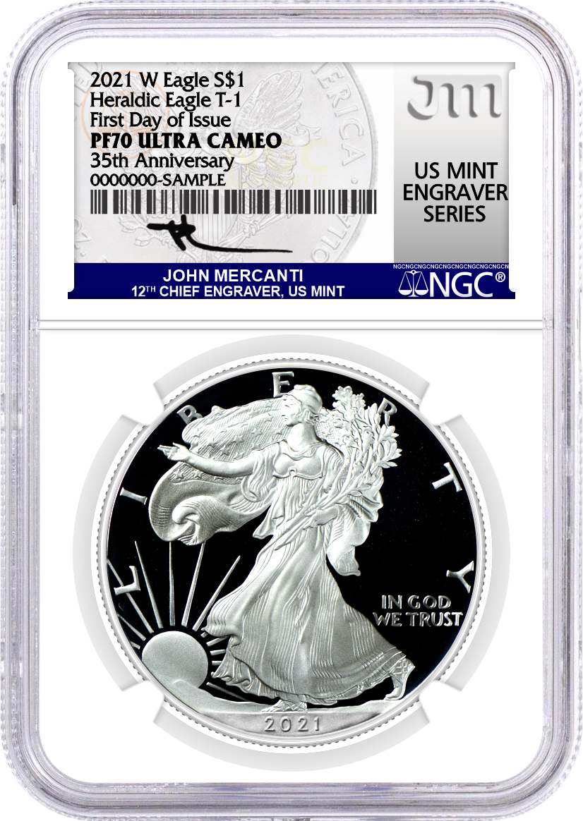 2021 Silver Eagle Type 1 Proof - NGC PF70 FDI First Day of Issue - Mercanti Label