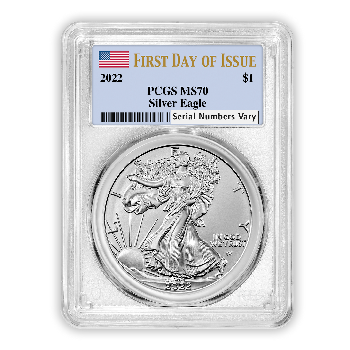 2022 Silver Eagle - Business Strike - PCGS MS70 FDOI First Day of Issue Flag Label - CoinsTV