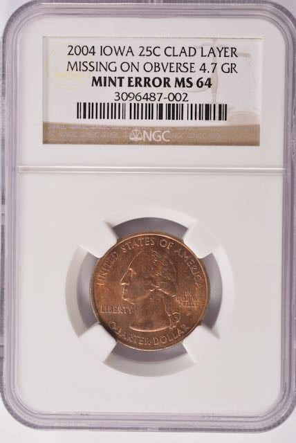 2004 Iowa Quarter - Obverse Missing Clad Layer - NGC MS64 RB