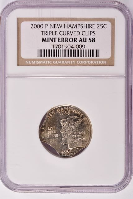 2000 New Hampshire Quarter 10% - Triple Curved Clipped - NGC AU58 - CoinsTV