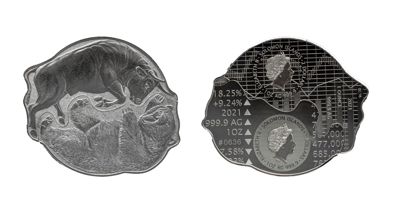 2021 1 oz Solomon Islands Silver Bull V Bear 2pc Set - CoinsTV