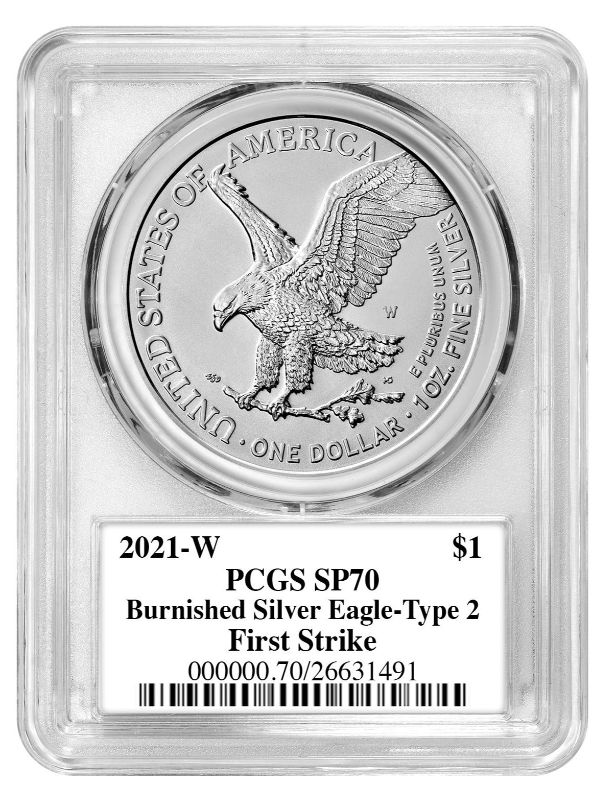 2021 Silver Eagle Type 2 - West Point Burnished - PCGS SP70 - First Strike - Emily Damstra Signature Label - CoinsTV