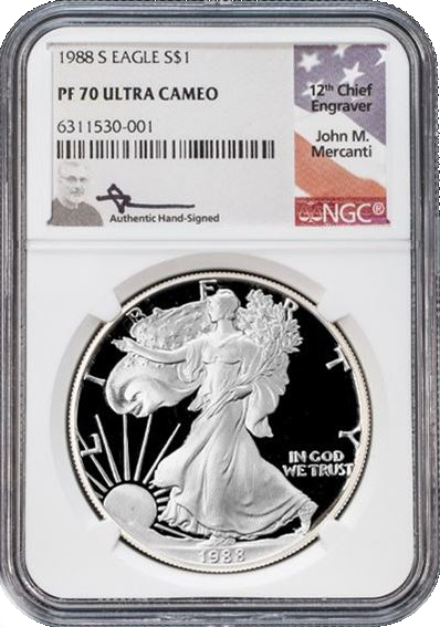 1988 Silver Eagle - San Francisco- NGC PF70 Mercanti Label - CoinsTV