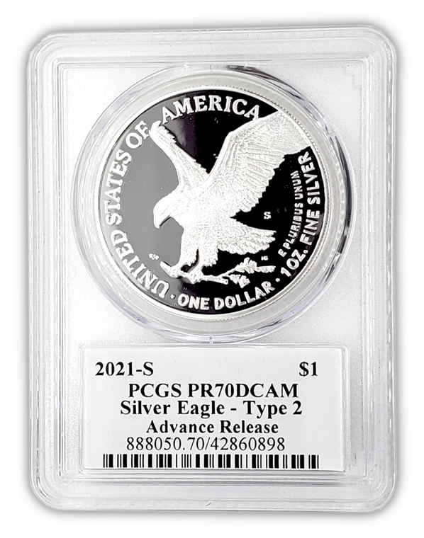 2021-S Silver Eagle Type 2- San Francisco Proof - PCGS PR70 AR Advanced Release - Emily Damstra Signature Label - CoinsTV
