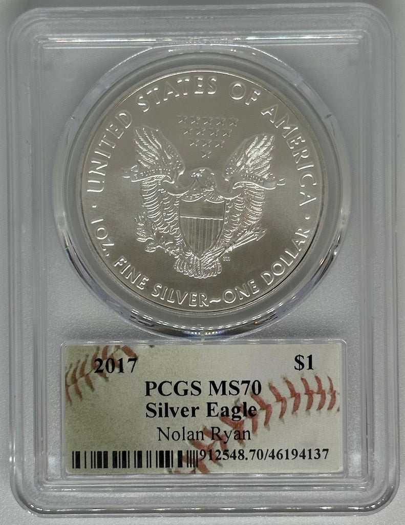 2017 Silver Eagle - PCGS MS70 Nolan Ryan Autographed Baseball Label - CoinsTV