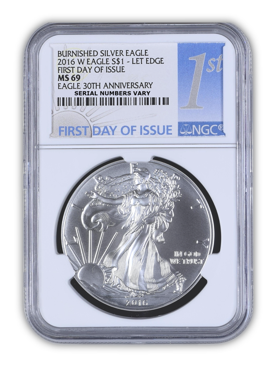 2016 Silver Eagle - West Point Burnished - Lettered Edge - NGC MS69 First Day of Issue