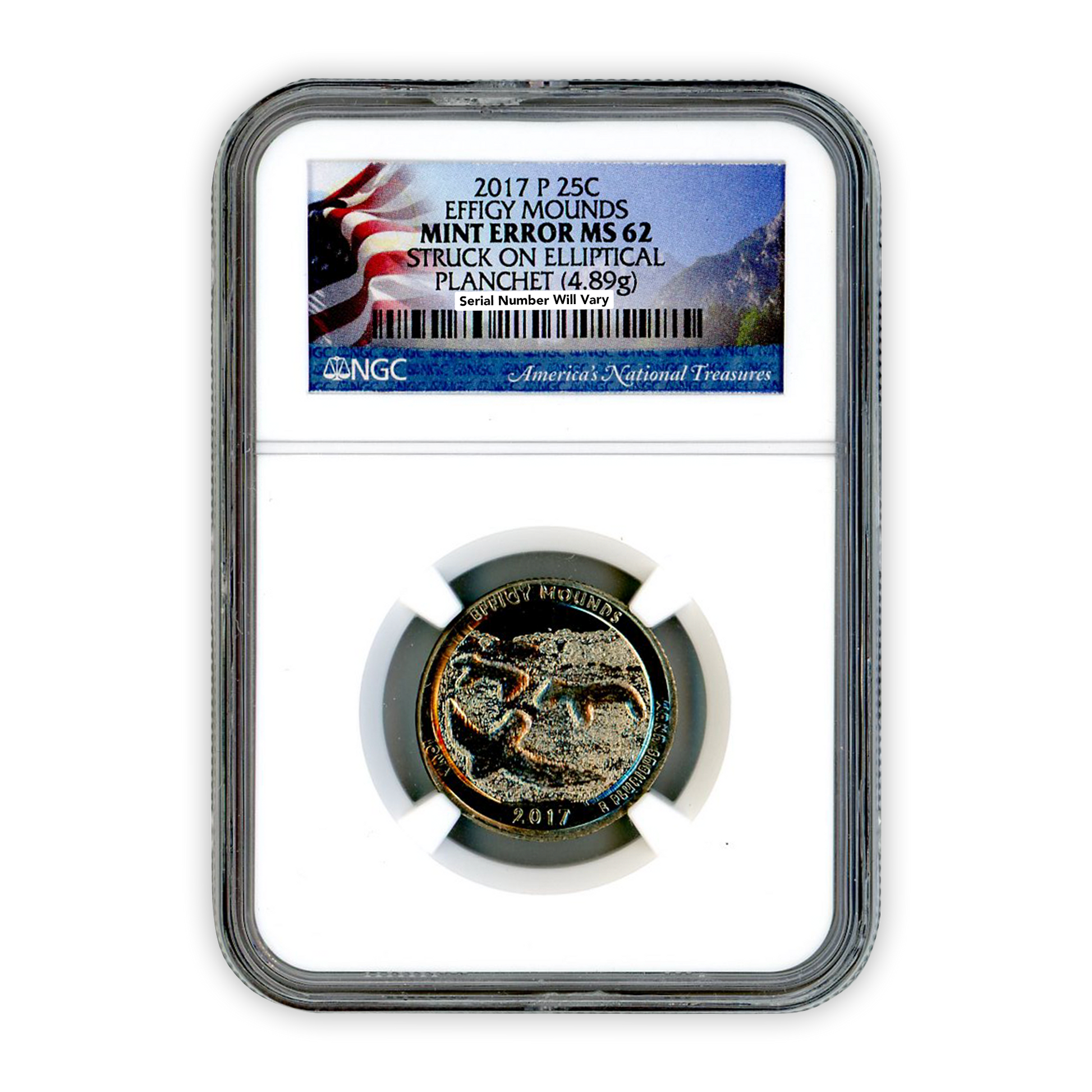 2017 Effigy Mounds Quarter - Mint Error-  Elliptical - NGC MS62 - CoinsTV