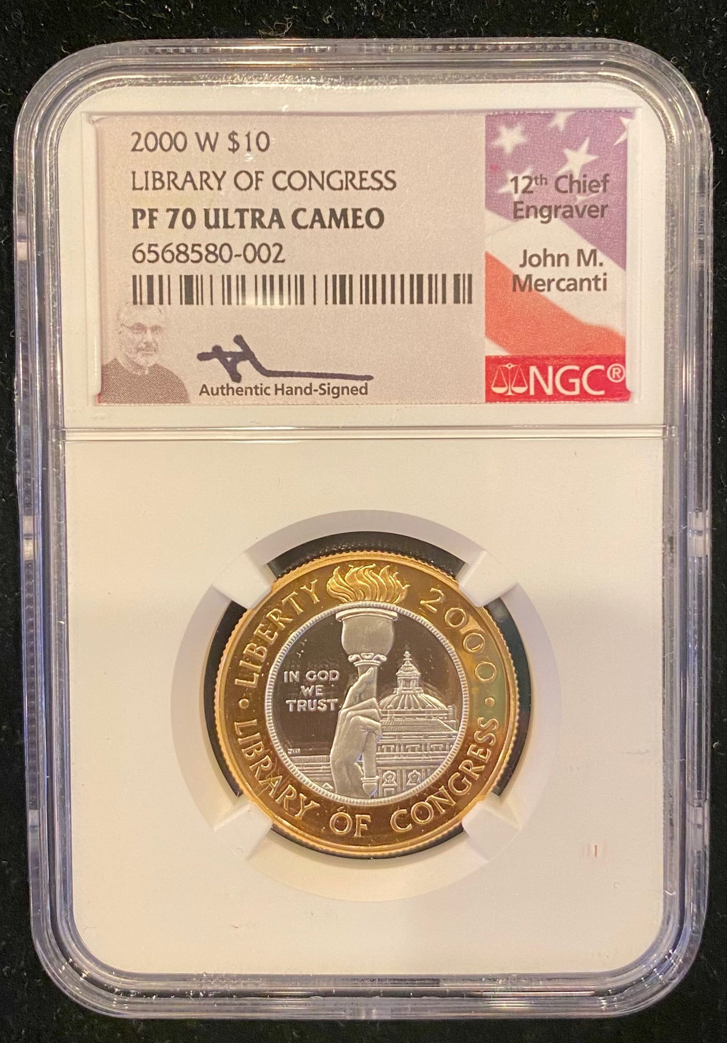 2000 W $10 Library Of Congress NGC PF70 Mercanti Flag Label - CoinsTV