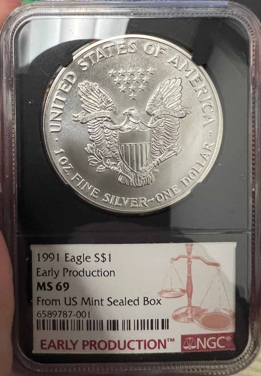 1991 Silver Eagle NGC MS69 Early Production Cabral Standish Dual Signature Label - CoinsTV