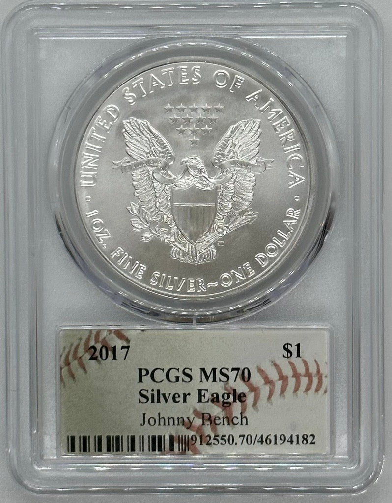 2017 Silver Eagle - PCGS MS70 Johnny Bench Autographed Baseball Label - CoinsTV
