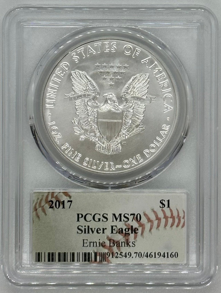 2017 Silver Eagle - PCGS MS70 Ernie Banks Autographed Baseball Label - CoinsTV
