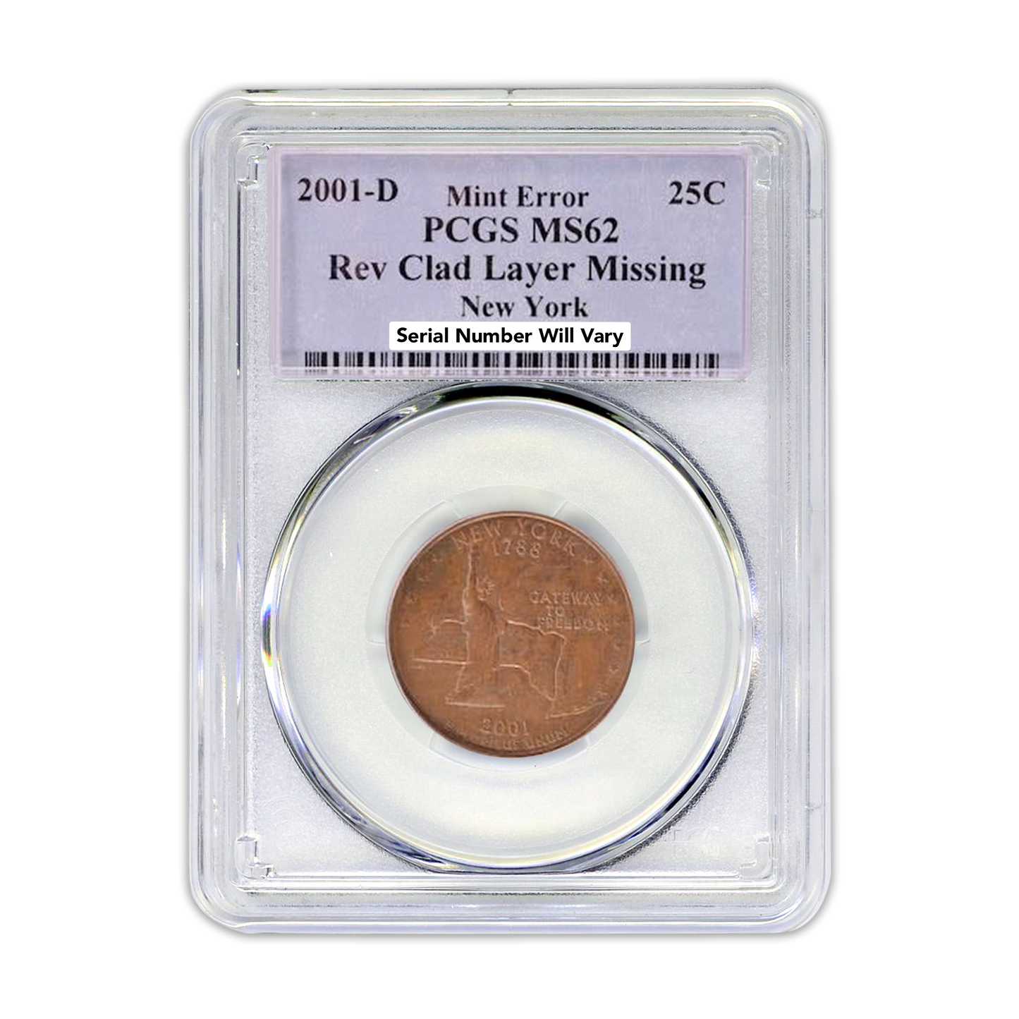 2001 New York Quarter - Reverse Missing Clad Layer - PCGS MS62 RB - CoinsTV