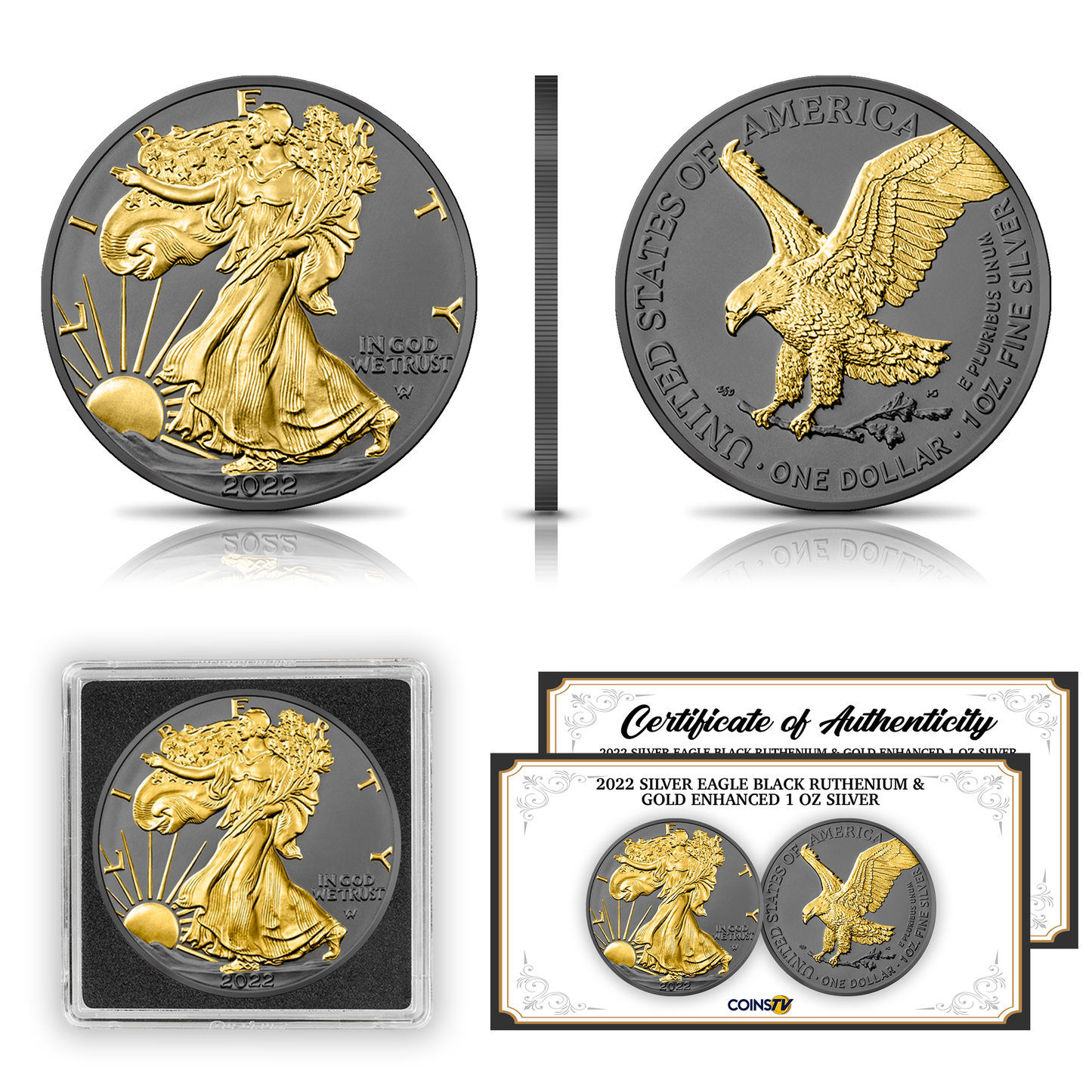 2022 Silver Eagle Black Ruthenium & Gold Enhanced 1 oz Silver - CoinsTV