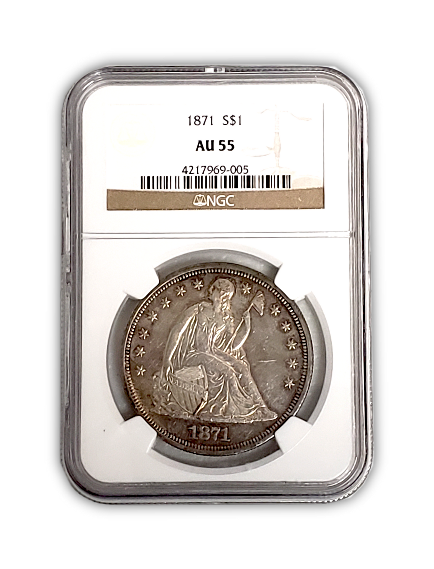 1871 Seated Liberty Dollar - Philadelphia - PCGS AU55 Nicely Toned - CoinsTV