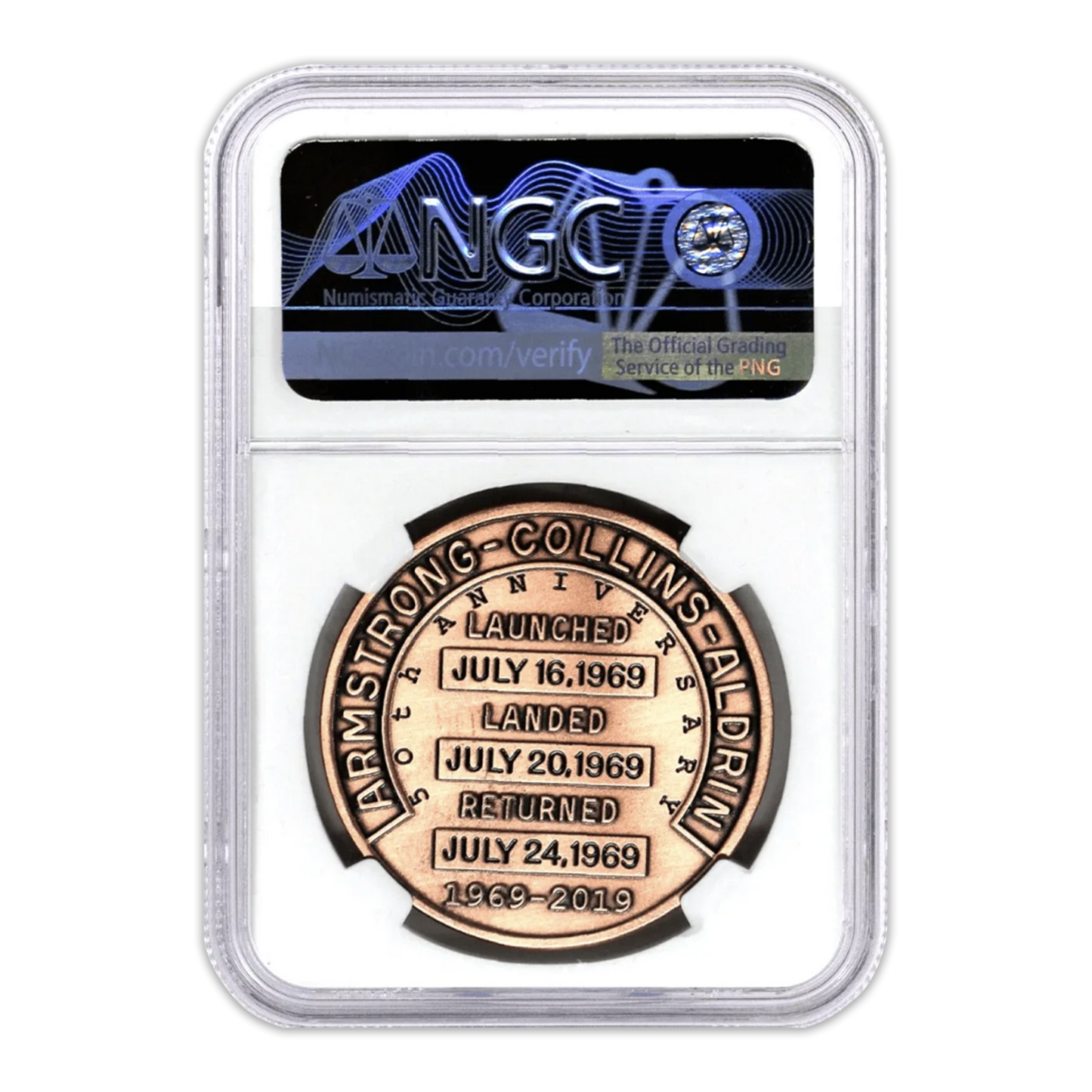 2019 1 oz Apollo 11 Robbins Medal Restrike Copper - 50th Anniversary - NGC MS70 First Day of Issue - CoinsTV