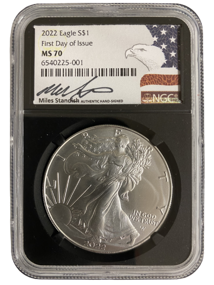 2022 $1 Silver Eagle -NGC MS70 First Day of Issue - Black Core Miles Standish Label - CoinsTV