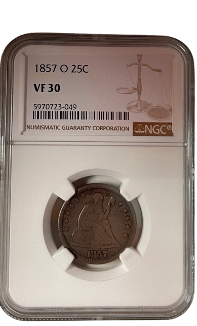1857 25C Seated Liberty Quarter - NGC VF30 - CoinsTV