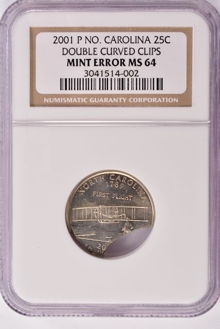 2001 North Carolina Quarter Double Clipped Planchet Error - NGC MS64 - CoinsTV