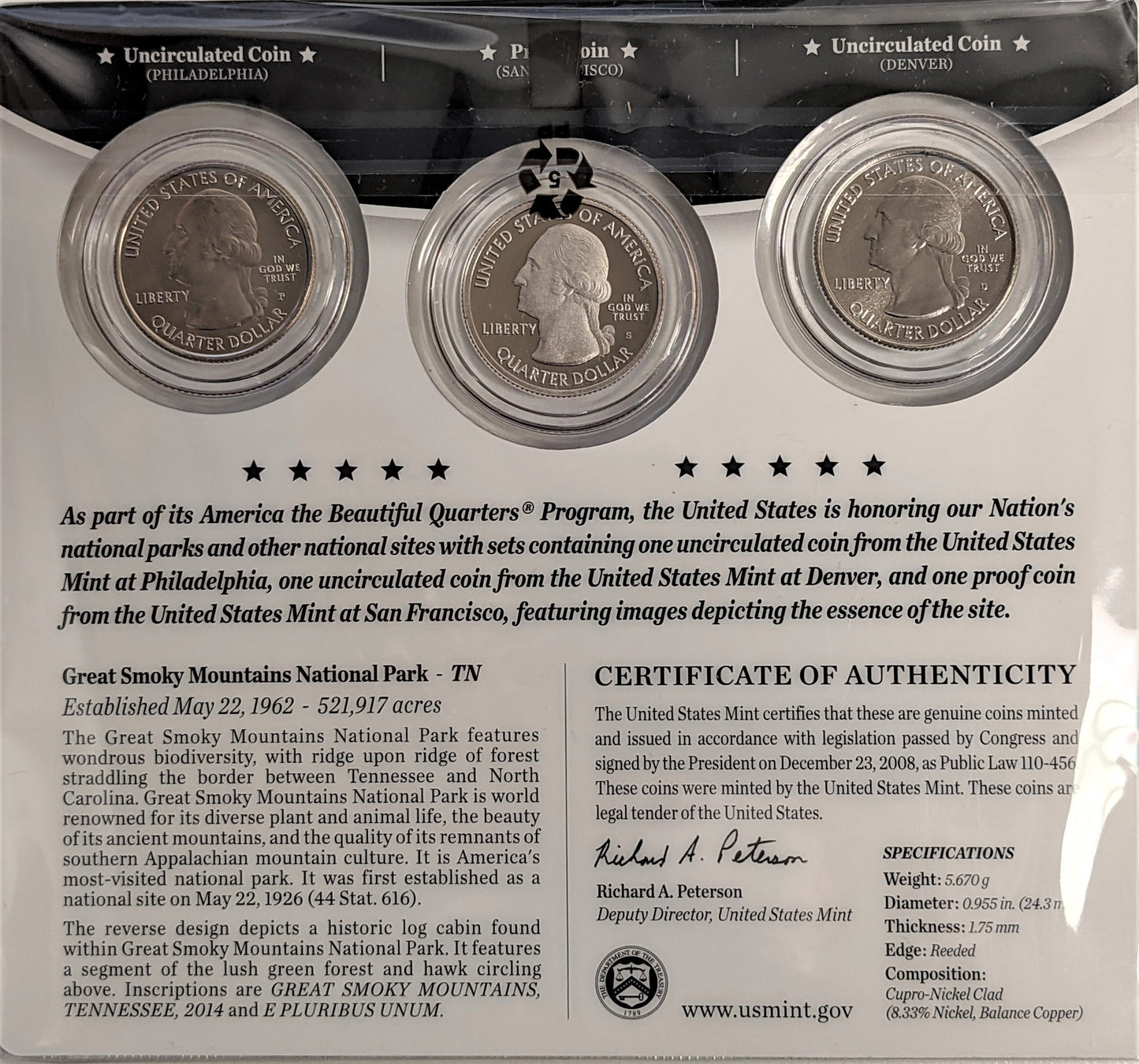 America The Beautiful Quarters - National Park Series Great Smoky Mtns - Three Coin Set - CoinsTV
