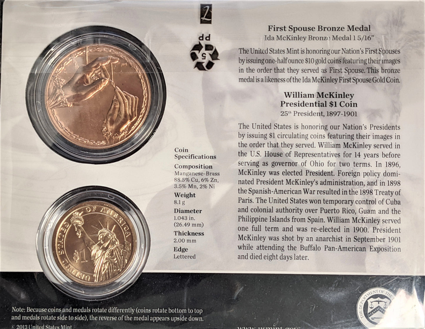 Presidential $1 Coin & First Spouse Bronze Medal Set - William McKinley - CoinsTV