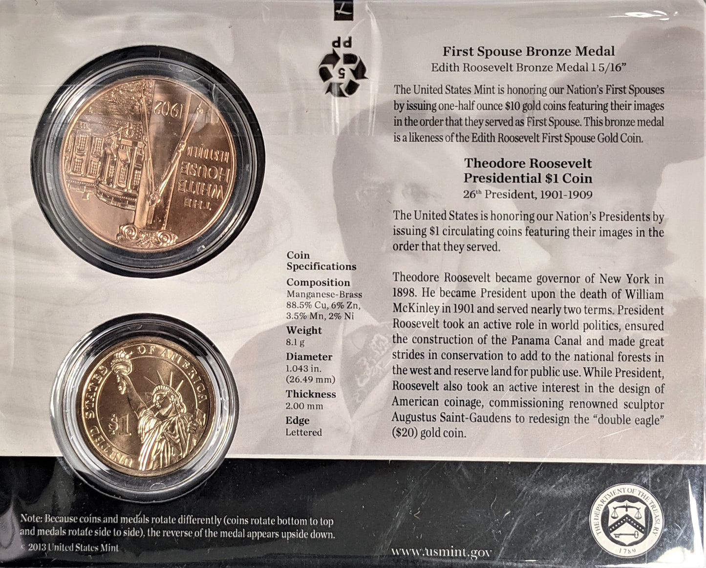 Presidential $1 Coin & First Spouse Bronze Medal Set - Theodore Roosevelt - CoinsTV