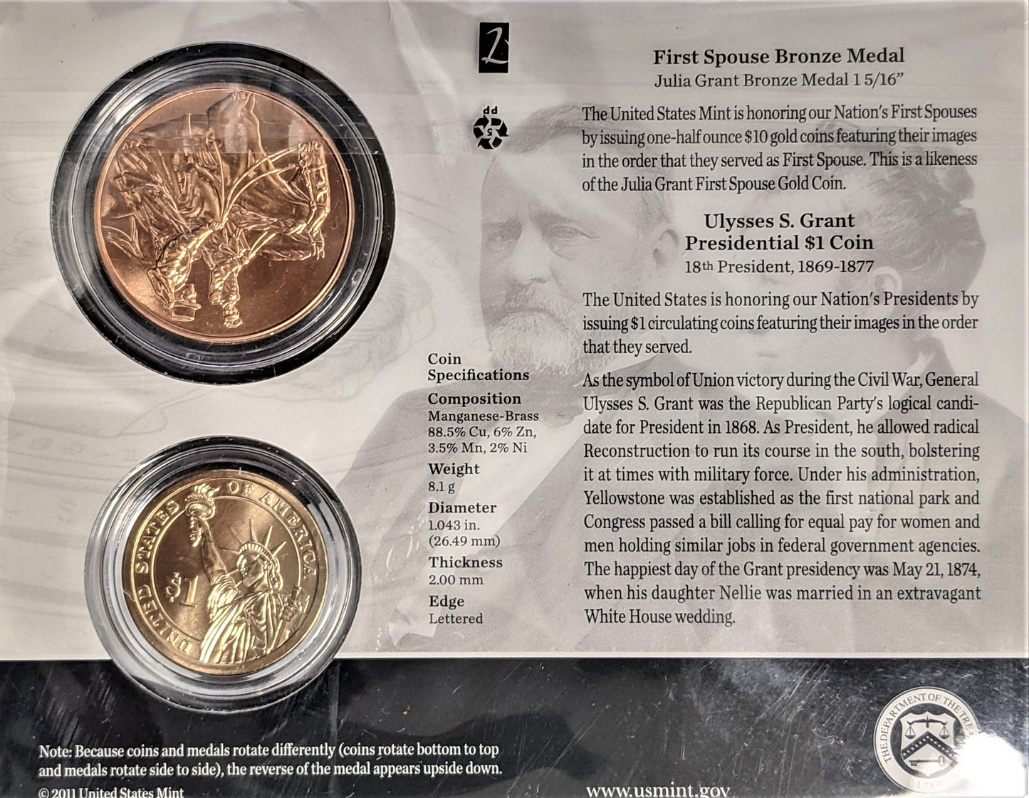 Presidential $1 Coin & First Spouse Bronze Medal Set - Ulysses S Grant - CoinsTV