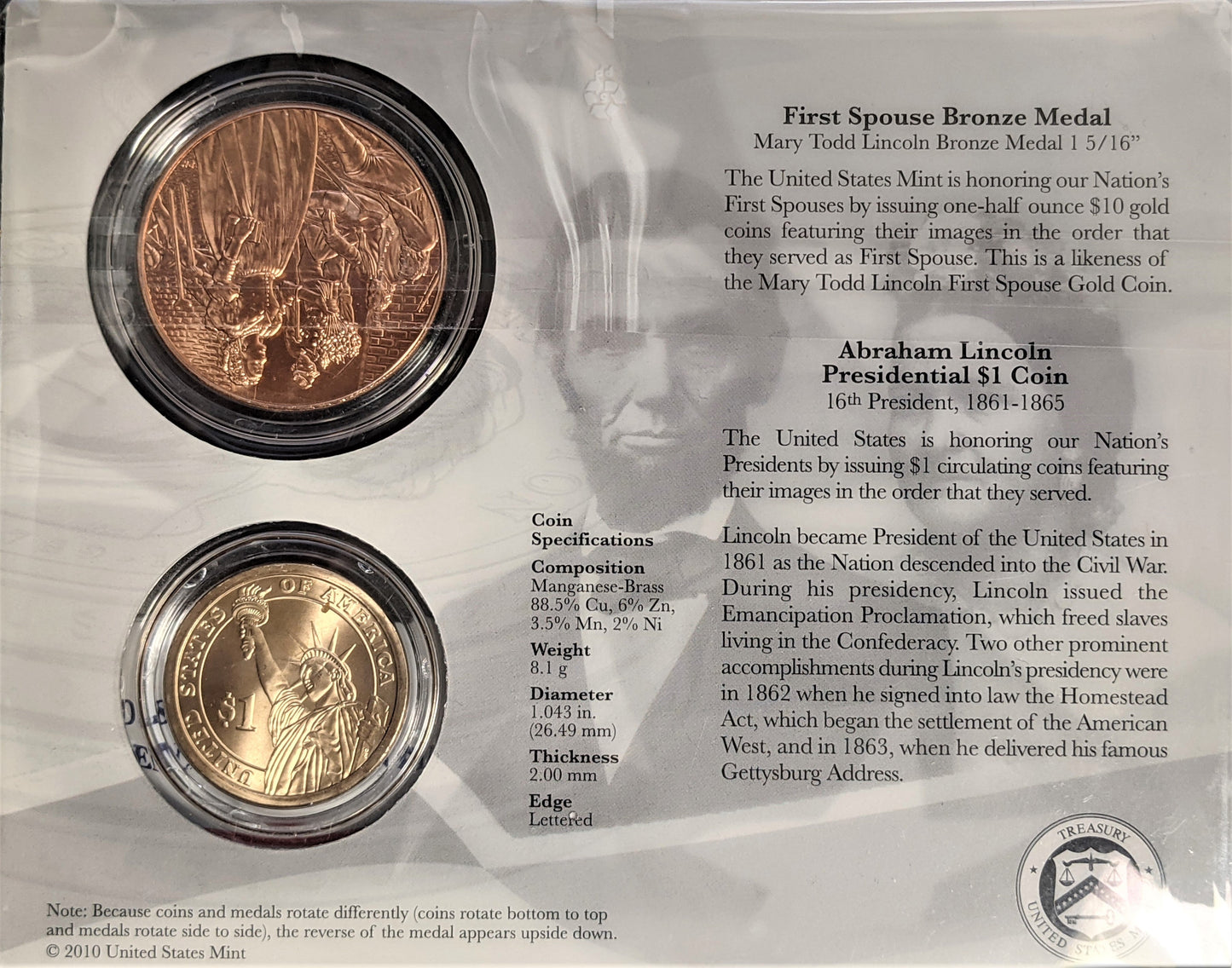 Presidential $1 Coin & First Spouse Bronze Medal Set - Abraham Lincoln