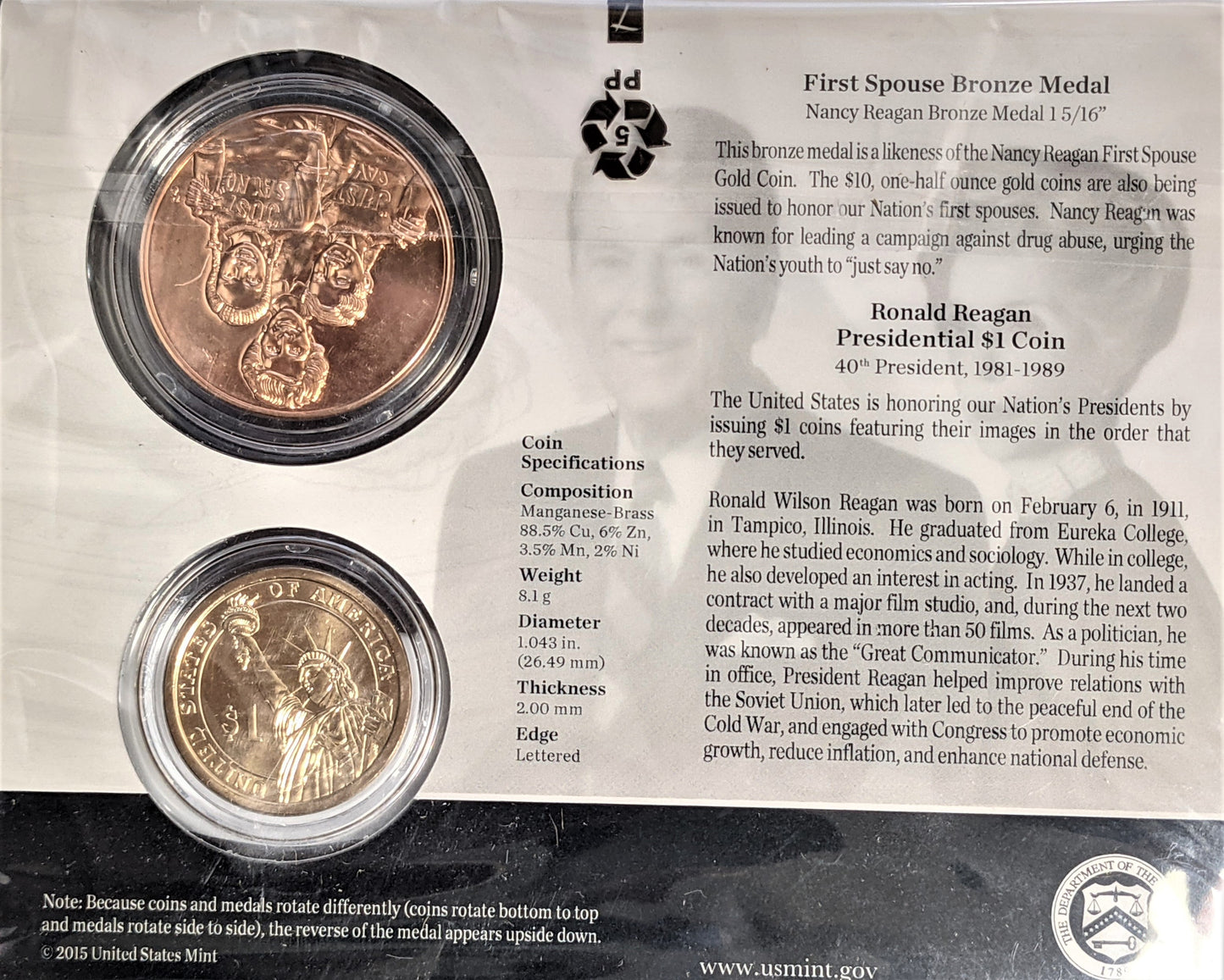 Presidential $1 Coin & First Spouse Bronze Medal Set - Ronald Reagan - CoinsTV