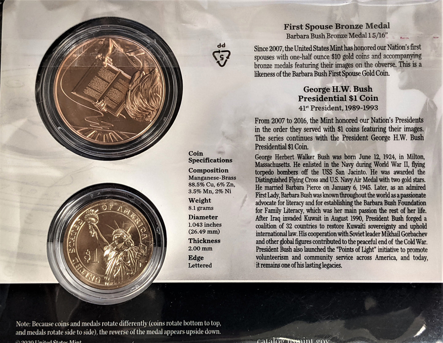 Presidential $1 Coin & First Spouse Bronze Medal Set - George H.W. Bush - CoinsTV